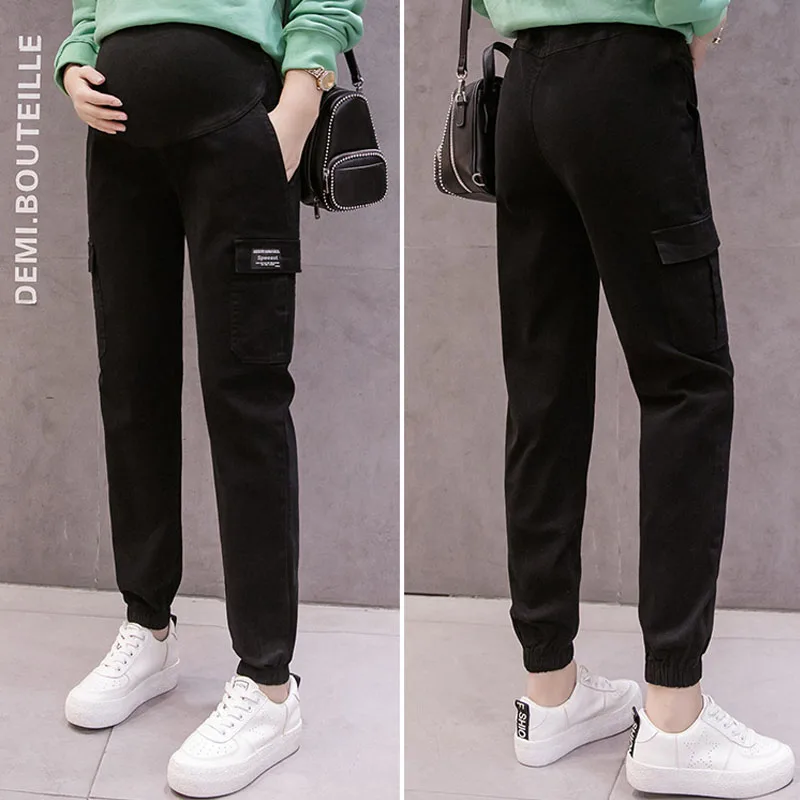 Карманные хлопковые брюки для беременных Брюки для беременных женщин спортивные брюки хаки брюки с высокой талией брюки для будущих мам уличная одежда - Цвет: Черный