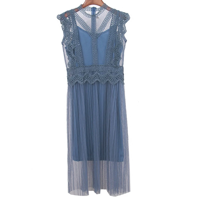 Модное Сетчатое лоскутное кружевное Летнее Длинное платье средней длины Vestidos, вечернее платье, сарафан для женщин, повседневные пляжные платья, vestido de festa - Цвет: Синий