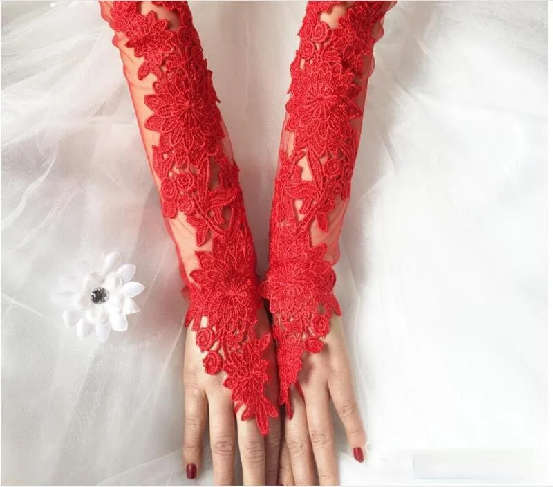 

Red Long Lace Bride Bridal Gloves Wedding Gloves Lace Appliques Wedding Accessories Gloves for Brides Fingerless Above Elbow