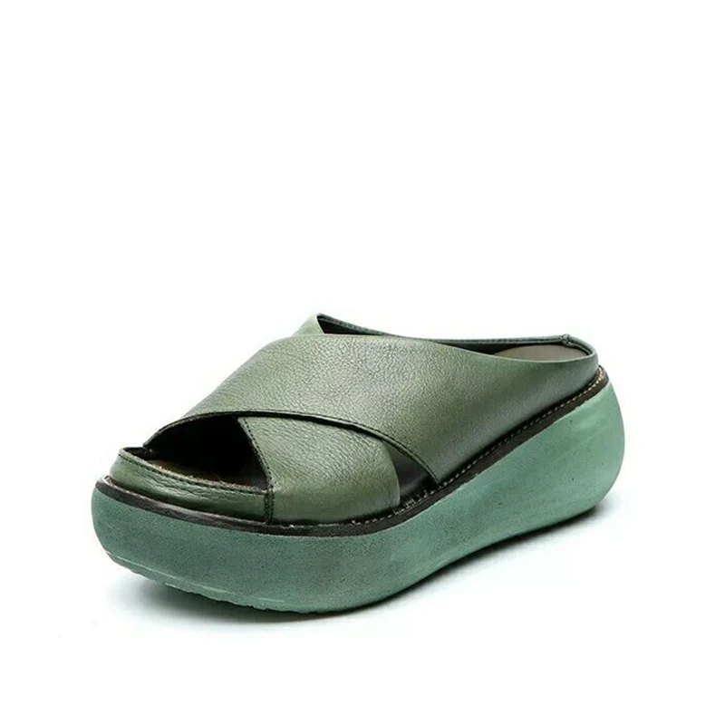MCCKLE/женские летние шлепанцы; женская обувь из искусственной кожи; повседневная обувь на танкетке с перекрестными ремешками в стиле ретро; модная женская обувь на платформе - Цвет: green