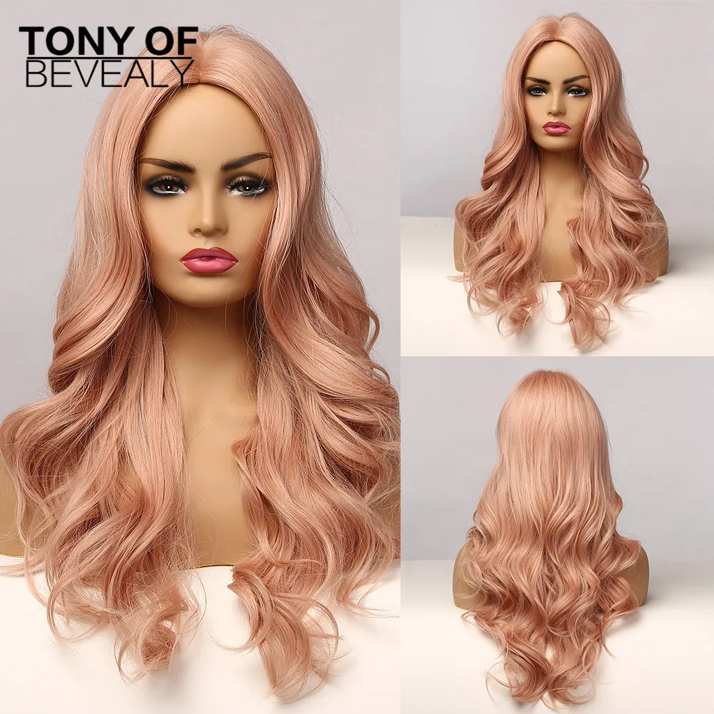 Long Water Wavy Synthetic Wigs Ombre Brown Middle Part Natural Hair Wigs For Women Cosplay Wigs Heat Resistant Fiber