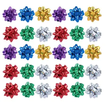

100pcs Reflective Gift Pull Bows Self Adhesive Gift Wrap Bows Laser Reflective Star Flower 3-Inch Festival Supplies(Mixed Color)