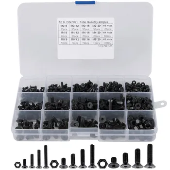 

New-460Pcs M3 M4 M5 Alloy Steel Countersunk Flat Head Hex Socket Cap Screws Nuts Set Assortment Kit Precise Metric Bolts Nuts Se