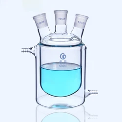 Botella de reacción de vidrio de tres bocas de fondo plano, frasco de reacción de doble capa para laboratorio