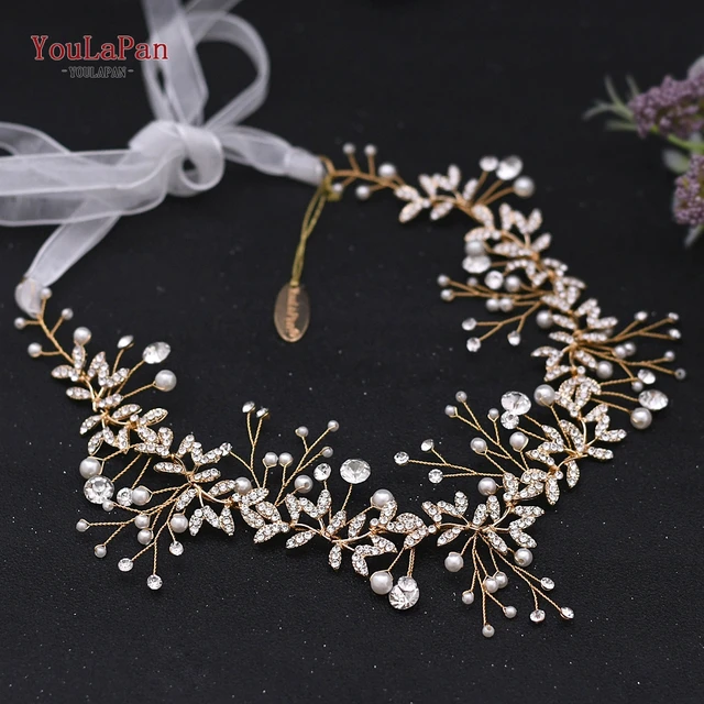 TOPQUEEN HP233 Wedding Hair Ornaments for Women Tiaras Bridal Rhinestone Headband Alloy Leaves Wedding Headpieces Headwear G-white oraganza