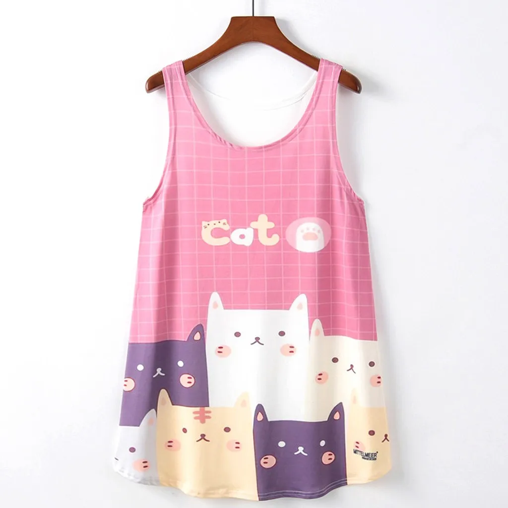 Милый Летний женский топ с О-образным вырезом и рисунком кота, без рукавов, средней длины, топ на бретелях, повседневные топы, женский жилет, Новинка