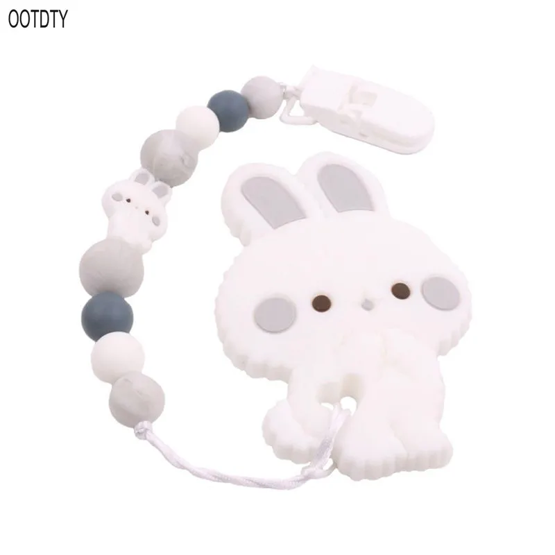 OOTDTY 2 шт./компл. Детская Соска из силикона зажим с мотивами из мультфильмов, для новорожденных, соски с цепочкой для младенцев, милый кролик моделирования Прорезыватель зубов для младенцев комплект - Цвет: Серый