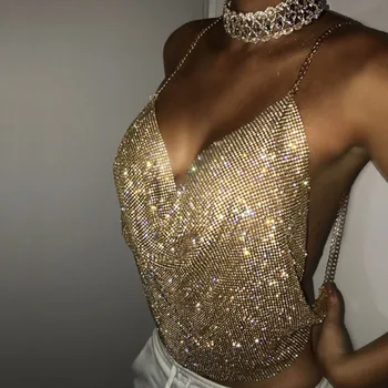 

Women Sexy Crop Top Silver Gold 2019 Summer Deep V Neck Night Club Diamonds Metal Tank Tops Rhinestone Backless Party Crop Top