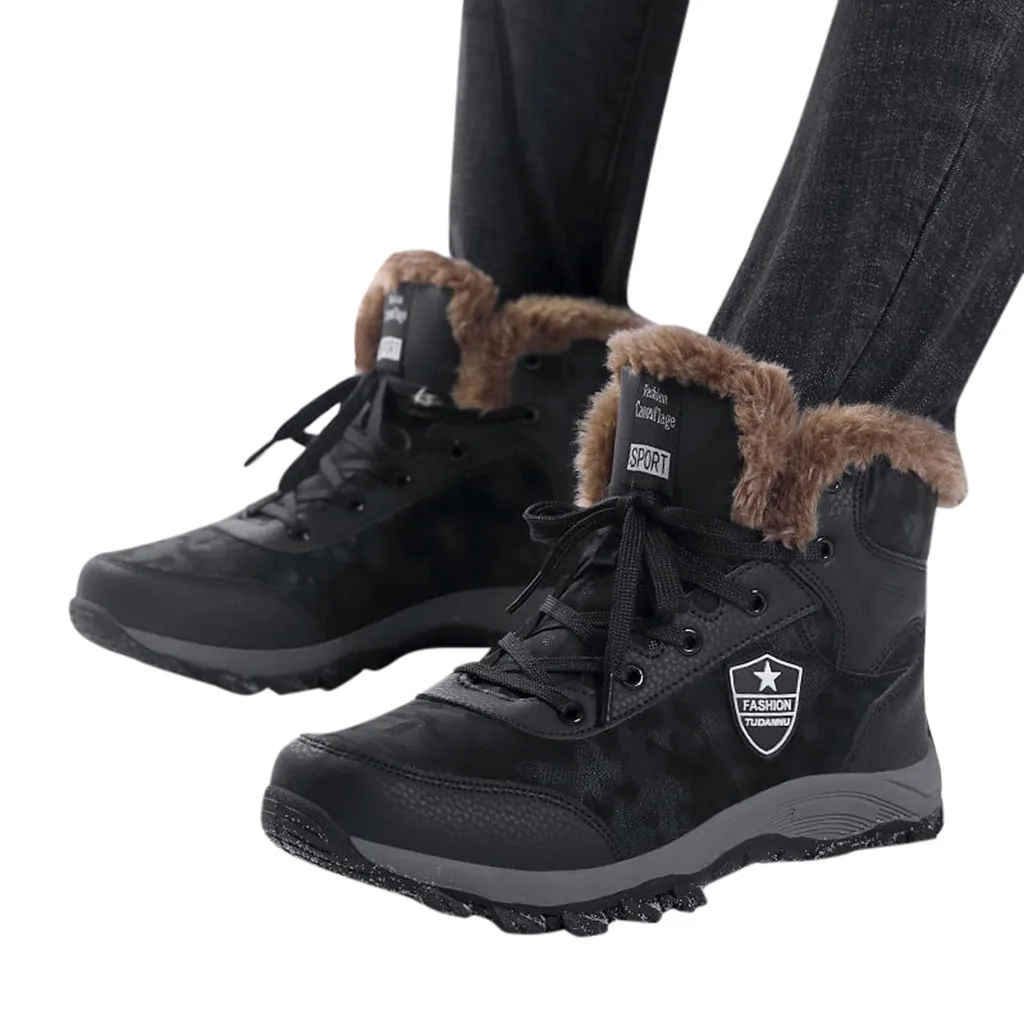 Lace-Up High-Top Men's Warm Waterproof platform shoes Non-Slip Wear resistant Outdoor Sports male Shoes Short Plush Cotton Shoes