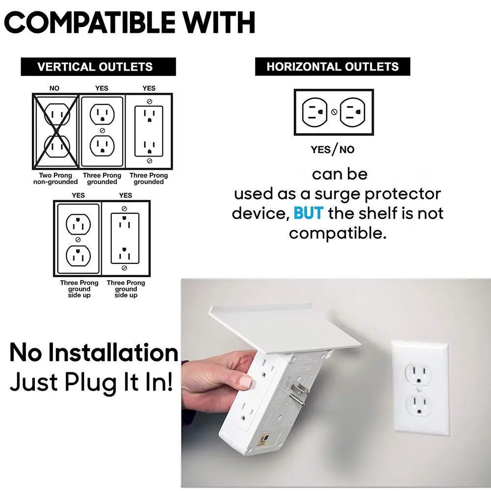 Розетка с переключателем, полка для розетки, 6 экстендеров электрической розетки, 2 порта usb для зарядки, съемная встроенная полка для штепсельной вилки США