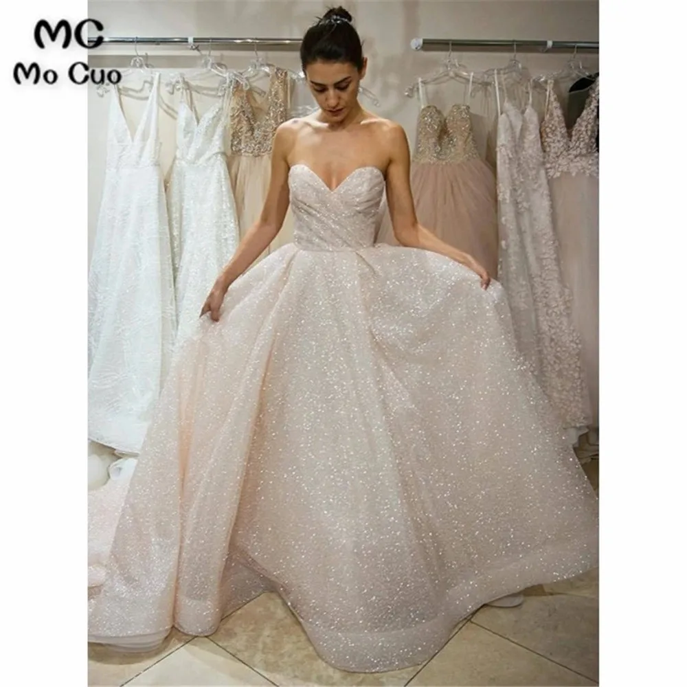 Блестящие Свадебные платья длинные плиссированные Бальные платья Robe de mariage на шнуровке сзади vestido de noiva Свадебные платья - Цвет: Слоновая кость