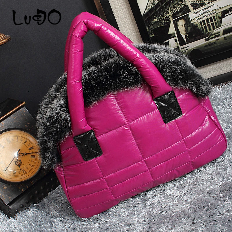 LUCDO Brand Luxury Handbag New Winter Woman Warm Space Cotton Shell Bags Designer Rabbit Fur Bag Ladies Jacket Shoulder Bag - Цвет: Oil rose