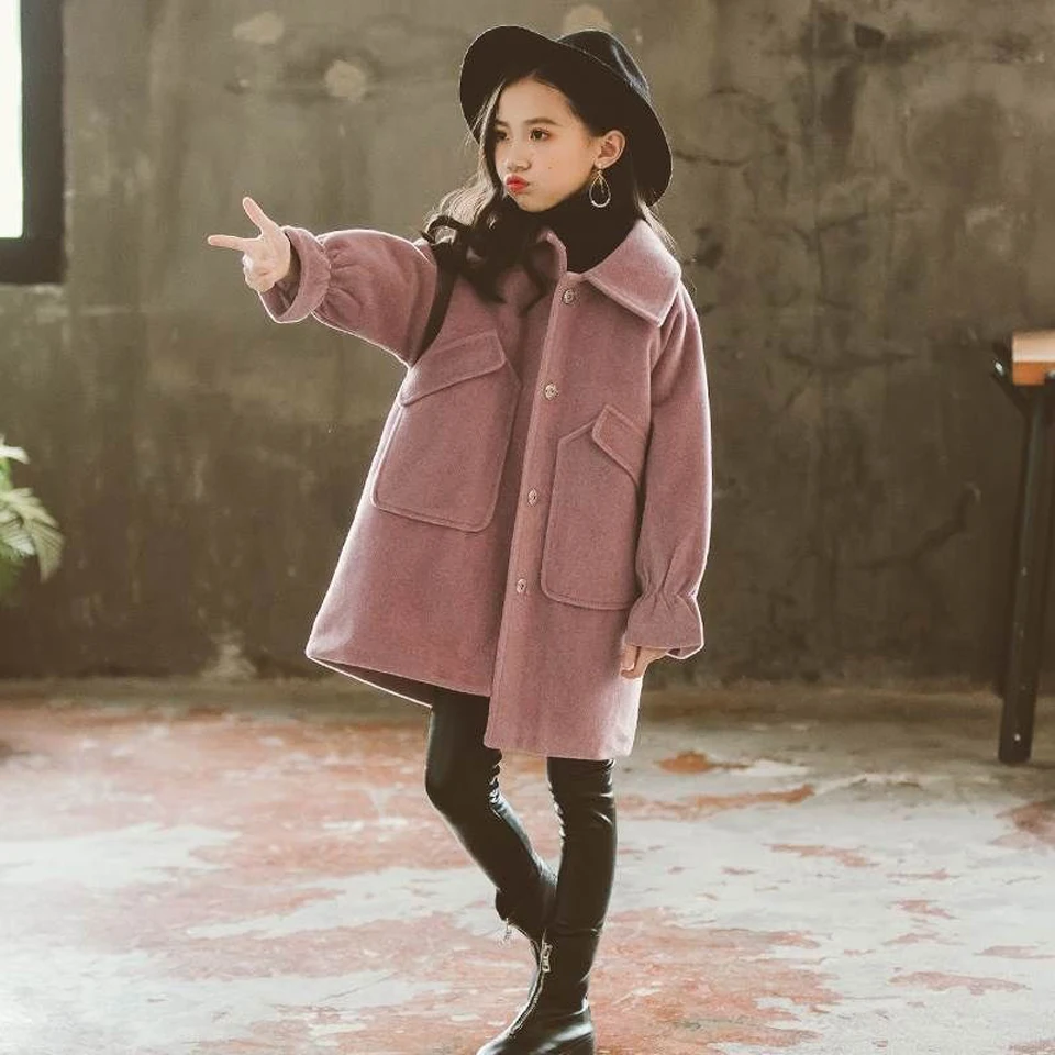 Коллекция года, зимние длинные куртки для девочек верхняя одежда для детей Одежда для детей ясельного возраста повседневное Однотонное шерстяное пальто с отложным воротником
