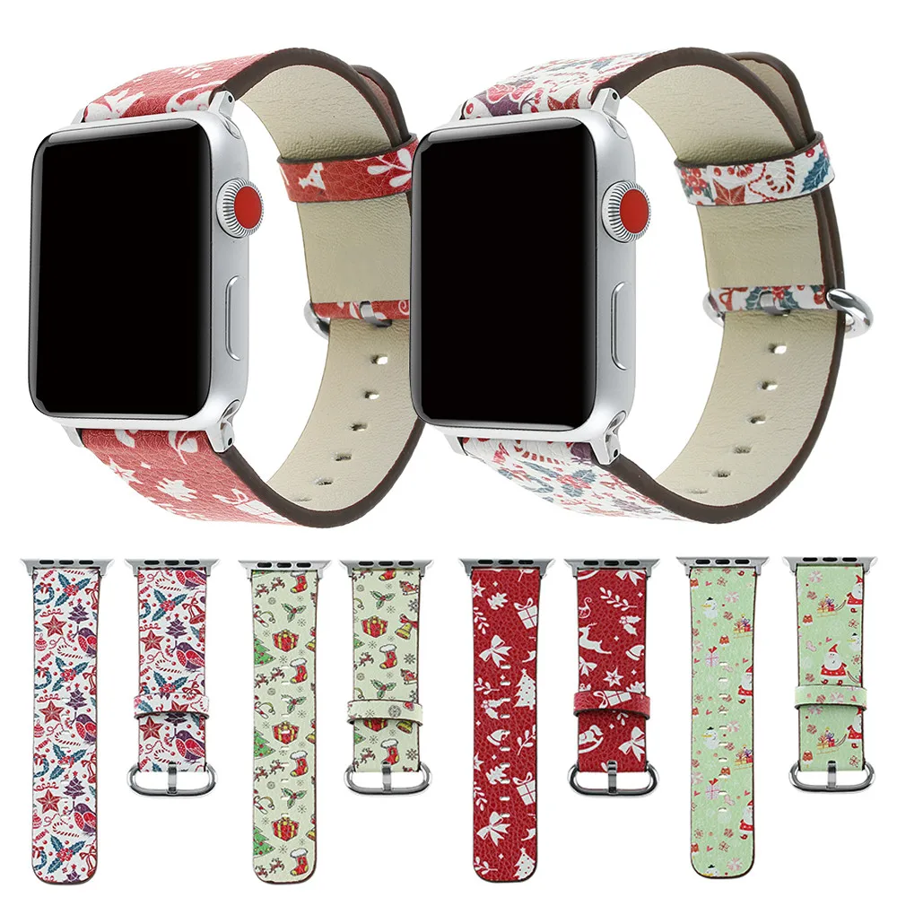 Натуральная кожа Санта Клаус ремешок для наручных часов Apple Watch 38 мм 42 40 44