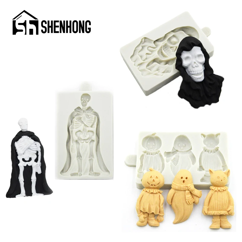 SHENHONG Halloween Fondant Cake Mold Gum Paste Sugar Craft Chocolate Skeleton Ghosts Pumpkin Demon Clown Pattern Silicone Mould | Дом и сад