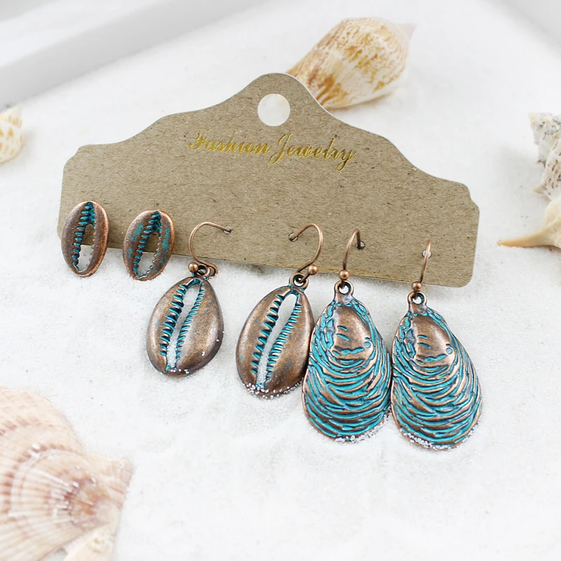 

3 pcs/set Seaside Season High Quality Bronze Crab Clamps Water Drop Shell Studs Women's Pendant Earrings Holiday Party Jewelry
