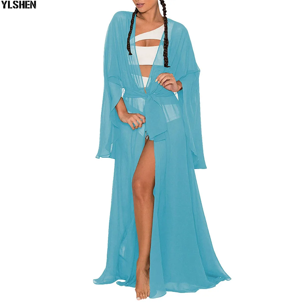 Blue African Dress Africa Dresses for Women Clothes Dashiki Bat Sleeve Cardigan Blouse Chiffon Maxi Dress Vestido Africano Robe 03