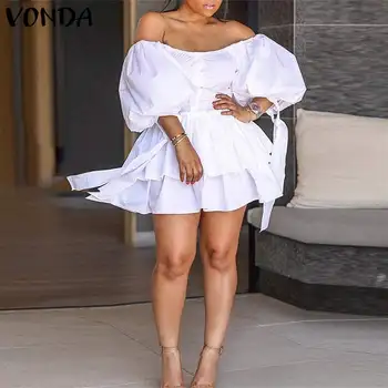

VONDA Women Mini Dress Plus Size Sexy Off Shoulder Party Short Dresses 2020 Summer Casual Sundress Lantern Sleeve Vestidos S-5XL