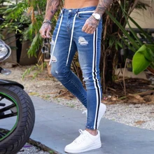 Для мужчин узкие рваные, Стретч джинсы в стиле "хип-хоп" потертые облегающие скини Жан брюки поврежденных джинсовые штаны уличные ropa de мужские джинсы