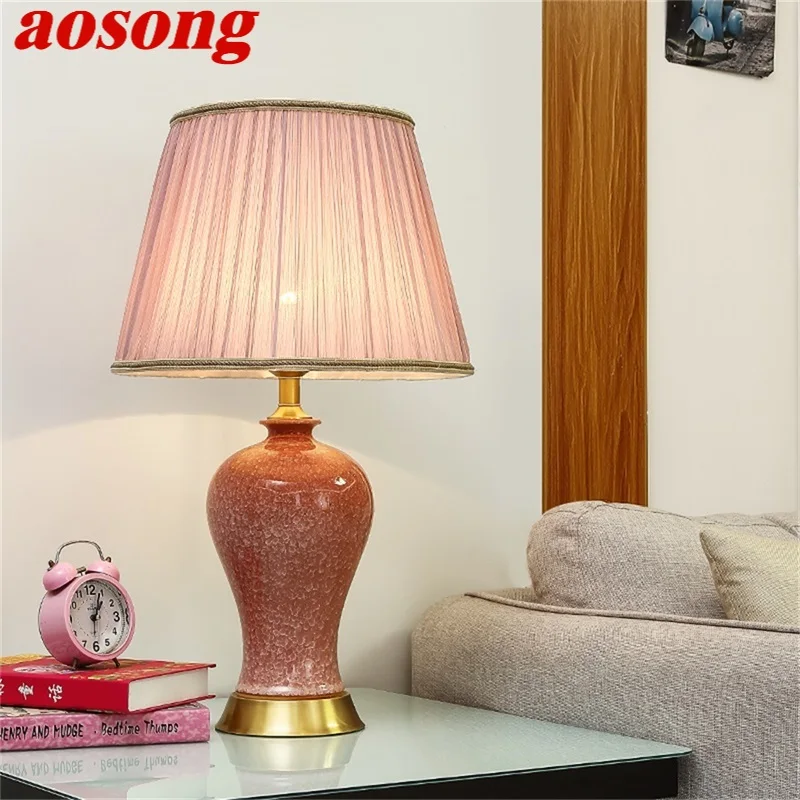 

AOSONG Ceramic Table Lamps Pink Luxury Copper Desk Light Fabric for Home Living Room Dining Room Bedroom Office