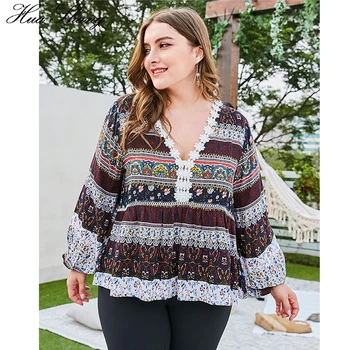 

4XL Plus Size Blouse Shirt Women Summer Lace V Neck Lantern Long Sleeve Retro Print Multicolor Vintage Blouse Ladies Tunic Tops