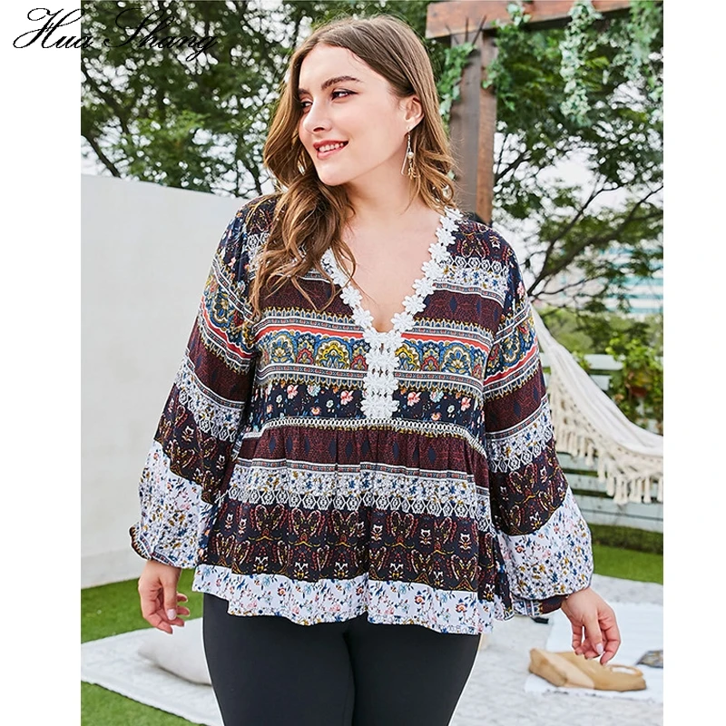  4XL Plus Size Blouse Shirt Women Summer Lace V Neck Lantern Long Sleeve Retro Print Multicolor Vint