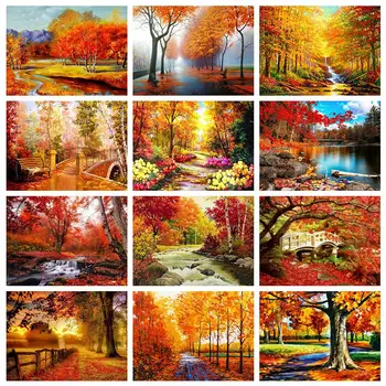 

Round Full Diamond Painting Autumn Cross Stitch Kit 5D DIY Mosaic Embroidery Landscape Tree Full Square Rhinestone Crafts Gift