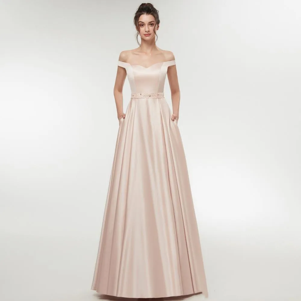 

ТРАПЕЦИЕВИДНОЕ элегантное платье для выпускного вечера с открытыми плечами без рукавов на молнии сзади длинное Атласное Вечернее платье до пола для женщин с ремнем