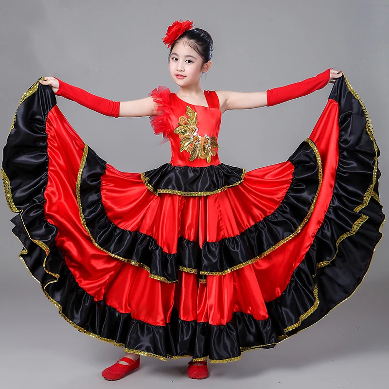 360 Degree Children Spanish Flamengo Dress for Girl Bullfighting KIds Belly Dance Costume Ballroom Gypsy Chorus Stage Performance Vestidos - Цвет: 360 Degree