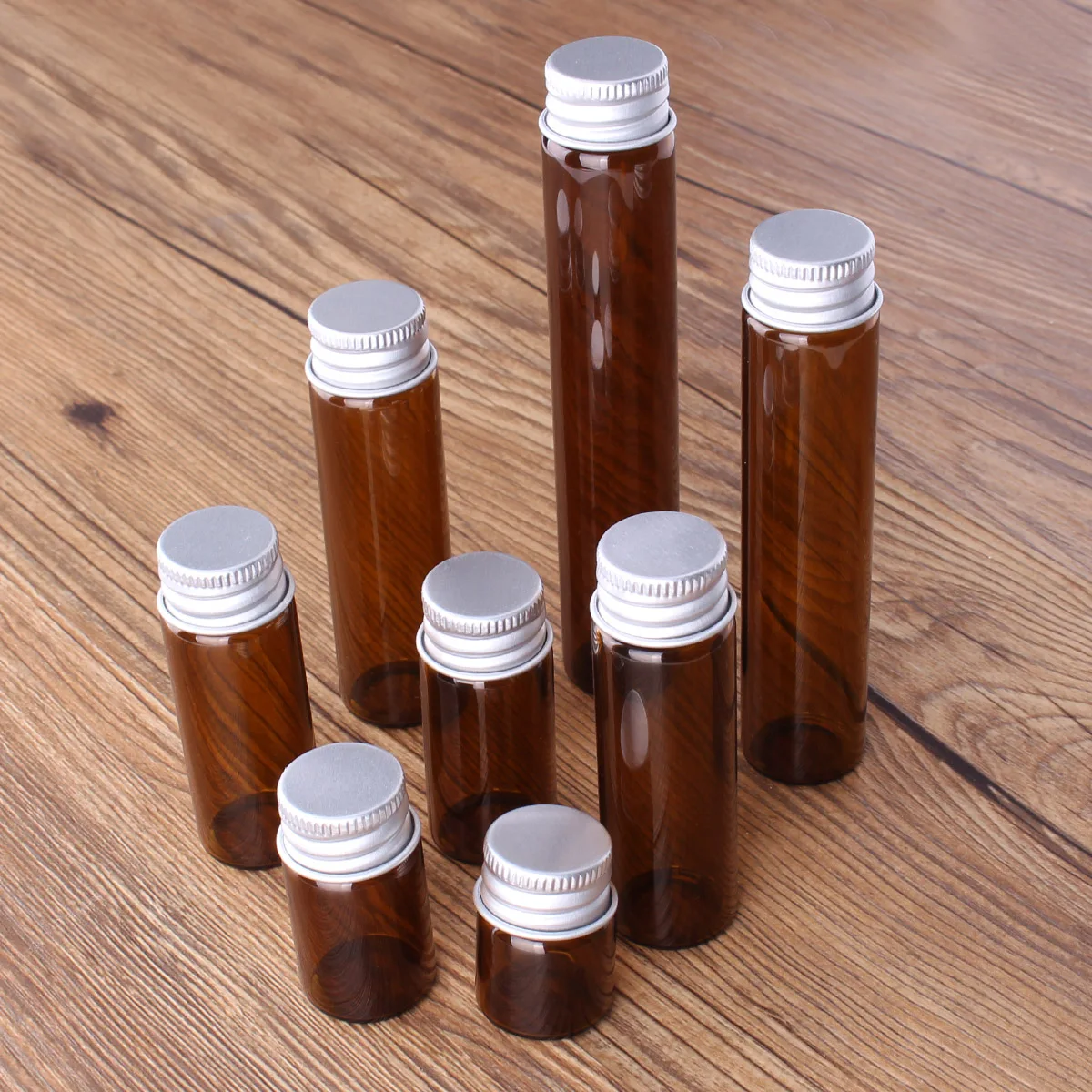 50 pieces 5ml/7ml/10ml/14ml/18ml/20ml/25ml/30ml Amber Glass Potion Bottles with Aluminium Lids Small Jars Vials 8 Sizes U-pick 5