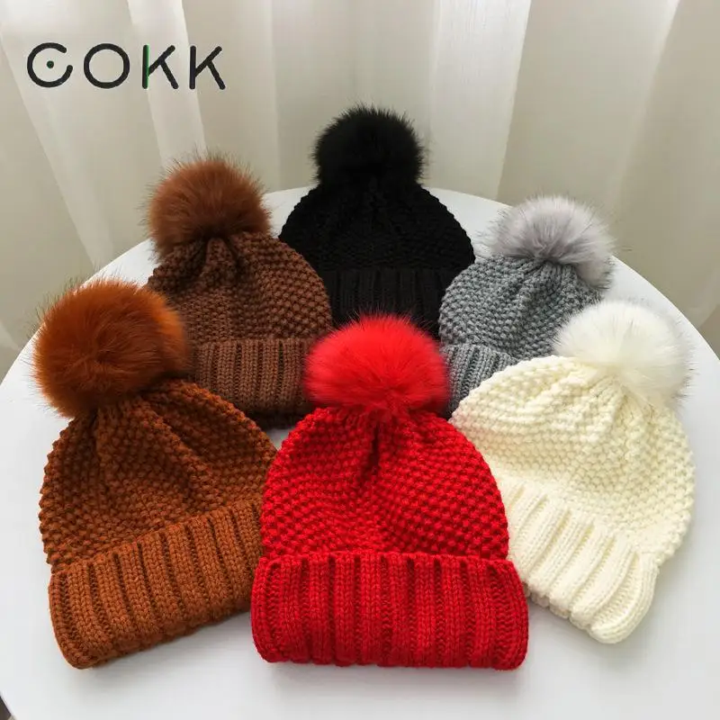 COKK, новая женская шапка, зимняя шапка, вязаная шапка, женская шапка, шапка для девочки, осенняя женская шапка с меховым помпоном, толстый бархат