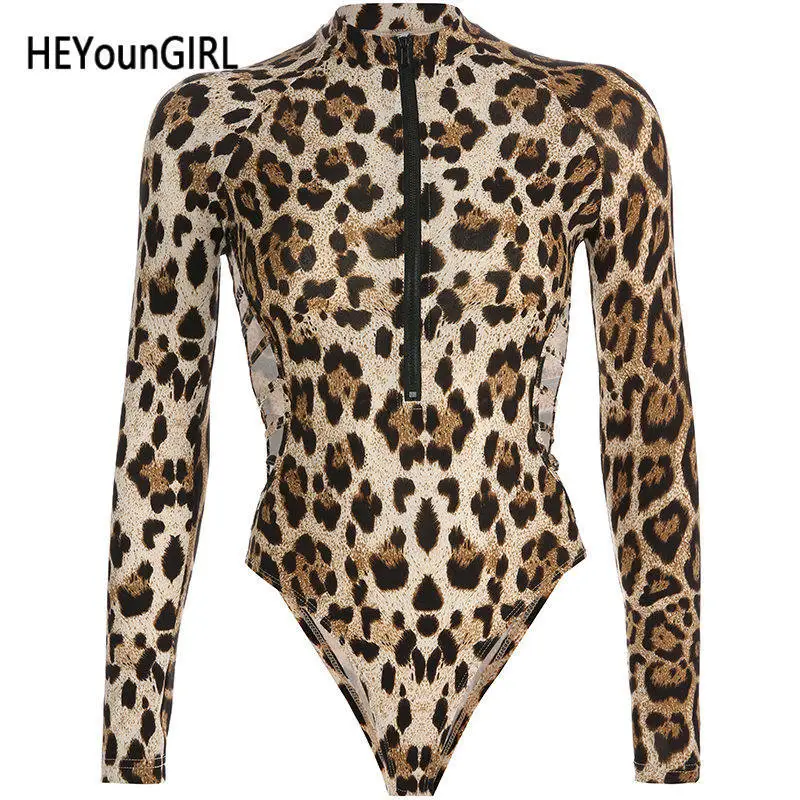 Heyoungirl Гепард, животное с принтом, сексуальное боди для женщин с вырезами и длинным рукавом, Леопардовый боди на молнии, облегающие комбинезоны, женские осенние - Цвет: leopard print