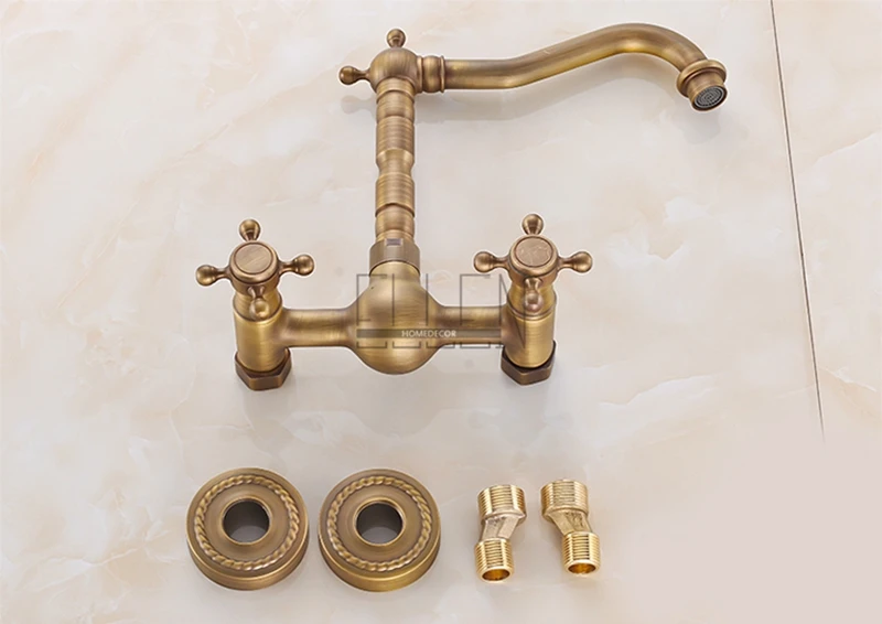 Vidric Wall Mounted Kitchen Sink Faucet Antique Bronze Sink Crane Hot Cold Water Mixer Tap Luxury Vintage Balcony Kitchen Faucet