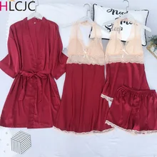 Сексуальный халат, набор, женские пижамы, 4 шт, наборы, атласная пижама, шелковая Домашняя одежда, кружевная Пижама для сна, Пижама для женщин, Пижама для женщин