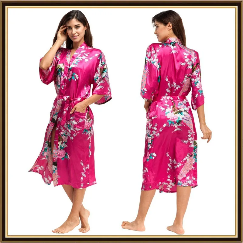 Half Sleeve Loose Style Woman Japanese Kimono Satin Silk Sleepwear Pajamas Peacock Spa Yukata Bathing Robe Lady's Long Dress