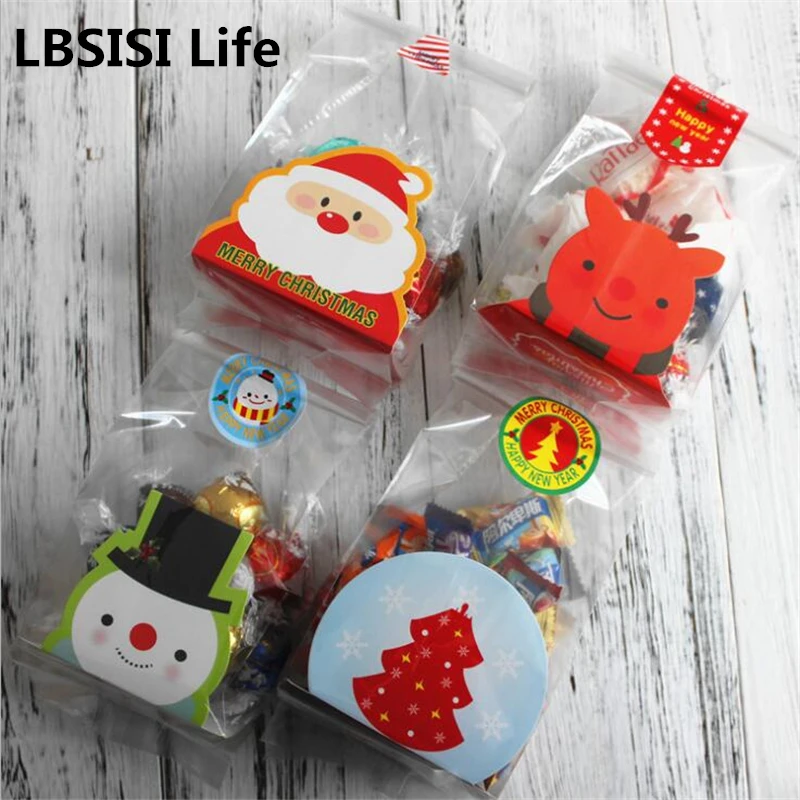 

100Sets Christmas Self-standing Cookies Candy Apple Chocolate Bags With Paper Board and Stickers For Wedding DIY Bakery