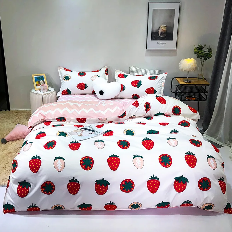 

Pink Strawberry Bedding Set Kids Room Home Decor Cute Bed Linens Set Pillowcase Textile Sheet Twin Queen Bed Duvet Cover Set