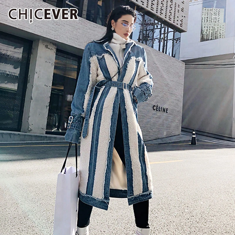 CHICEVER хит цветной лоскутный джинсовый Тренч с кисточками женский воротник с лацканами высокая Талия пояса ветровки женские осенние новые