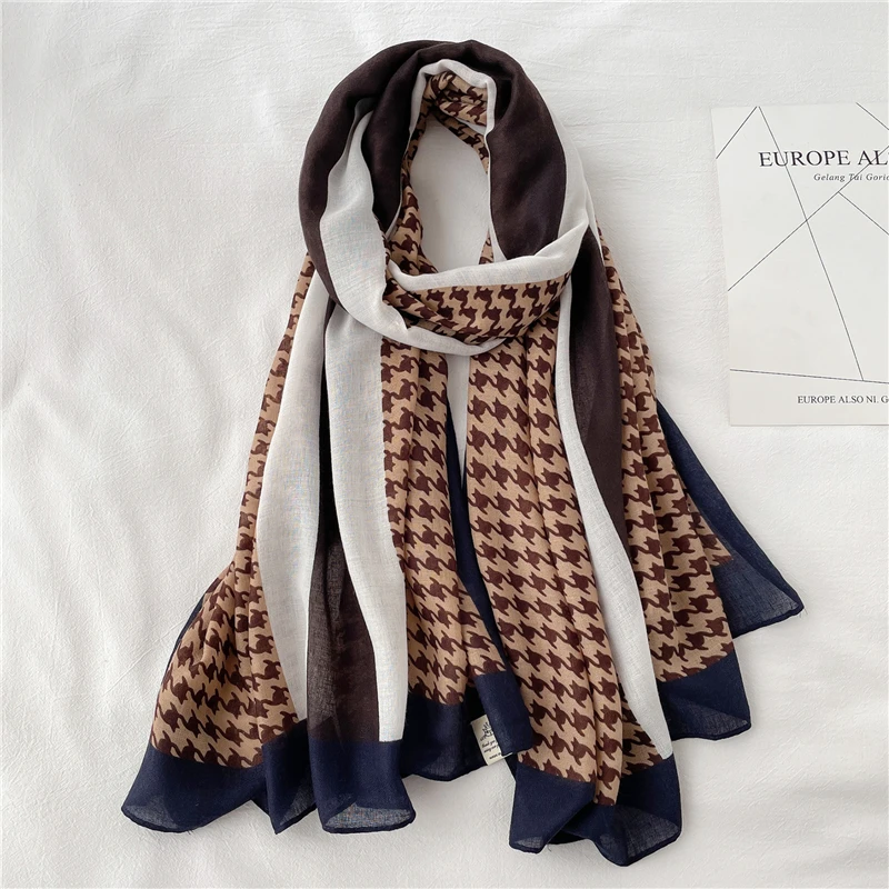 

2022 Headscarves 180*90cm Luxury Hijab Cotton Linen Scarf Women Shawl Wrap Viscose Soft Print Houndstooth Stripe Foulard Bandana