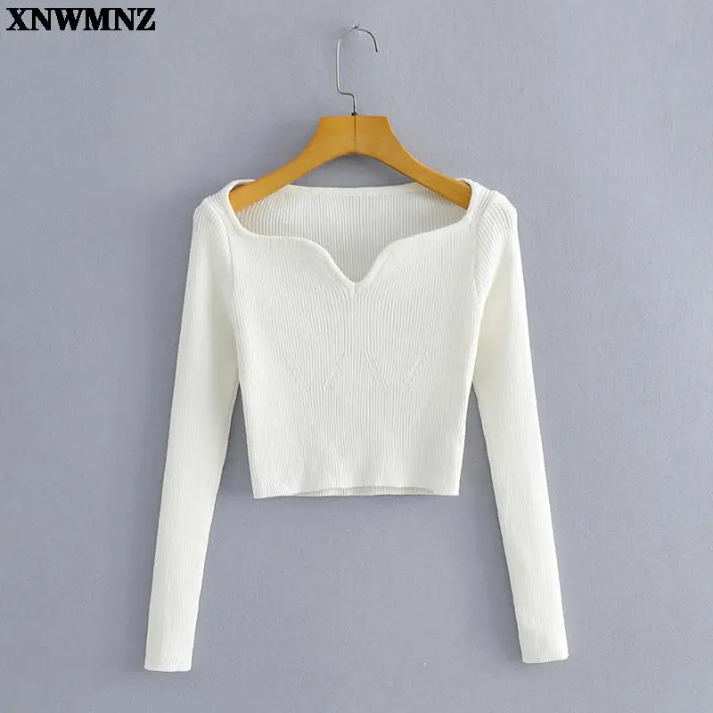 XNWMNZ Autumn Winter elasticity Short Square Collar Thin Knitted Pullovers Sweater Loose V-Neck Long Sleeve Women New Fashion