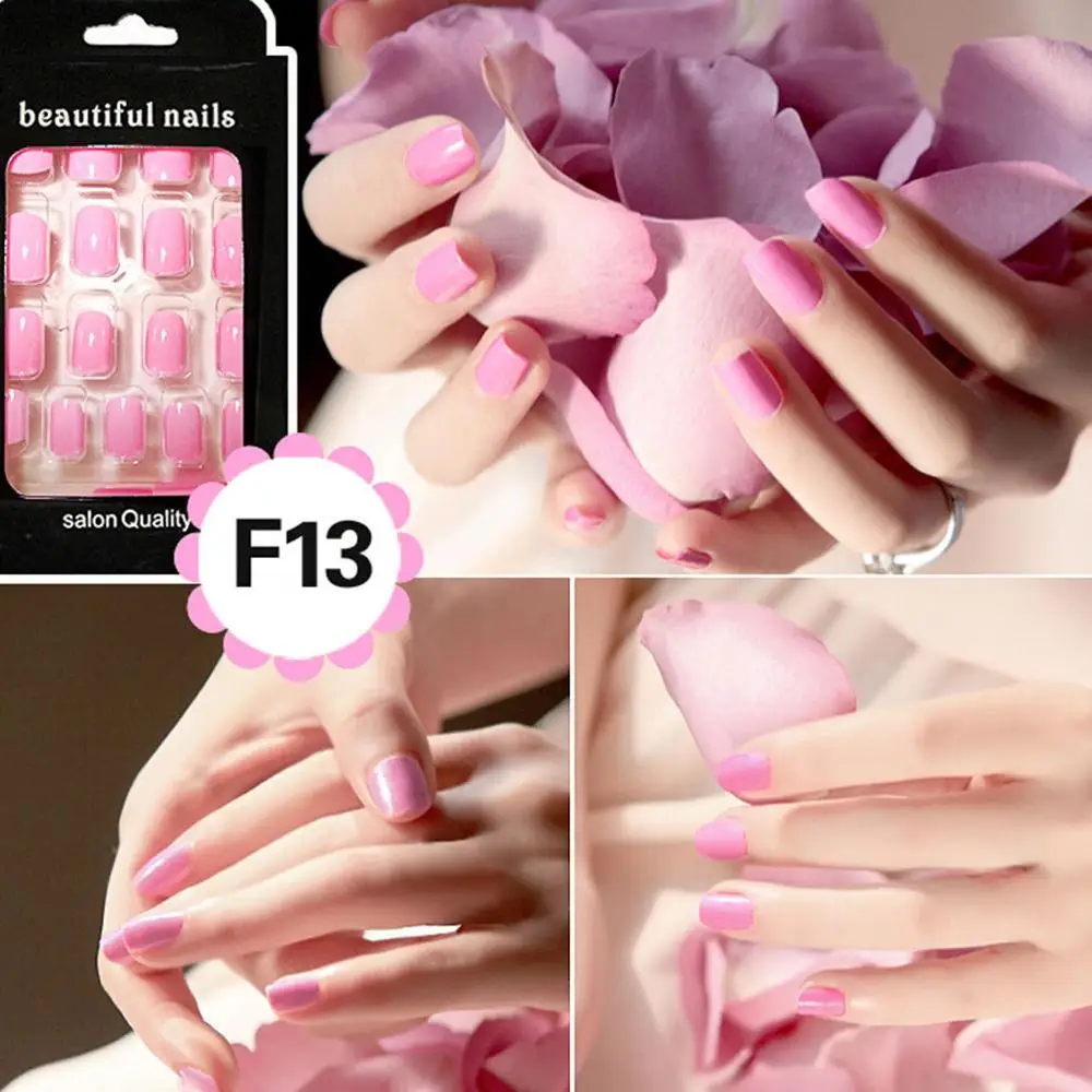 24pcs Short Square Full Cover False Nails Stickers Decals Milk Brown Color Colorful Woman Temperament Pure Manicure Patch