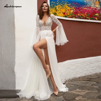 

Sexy Women Boho Wedding Dress Beach 2020 Robe de Mariee Elegant Chiffon Long Bridal Dress V Neck Lace Bodice Batwing Sleeves