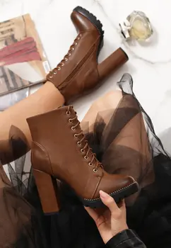 

[GOGD]Boots Women 2019 Shoe Heels Black Women Fashion Hot Winter Women Fashion Lace Up Ankle Boots Ladies Buckle