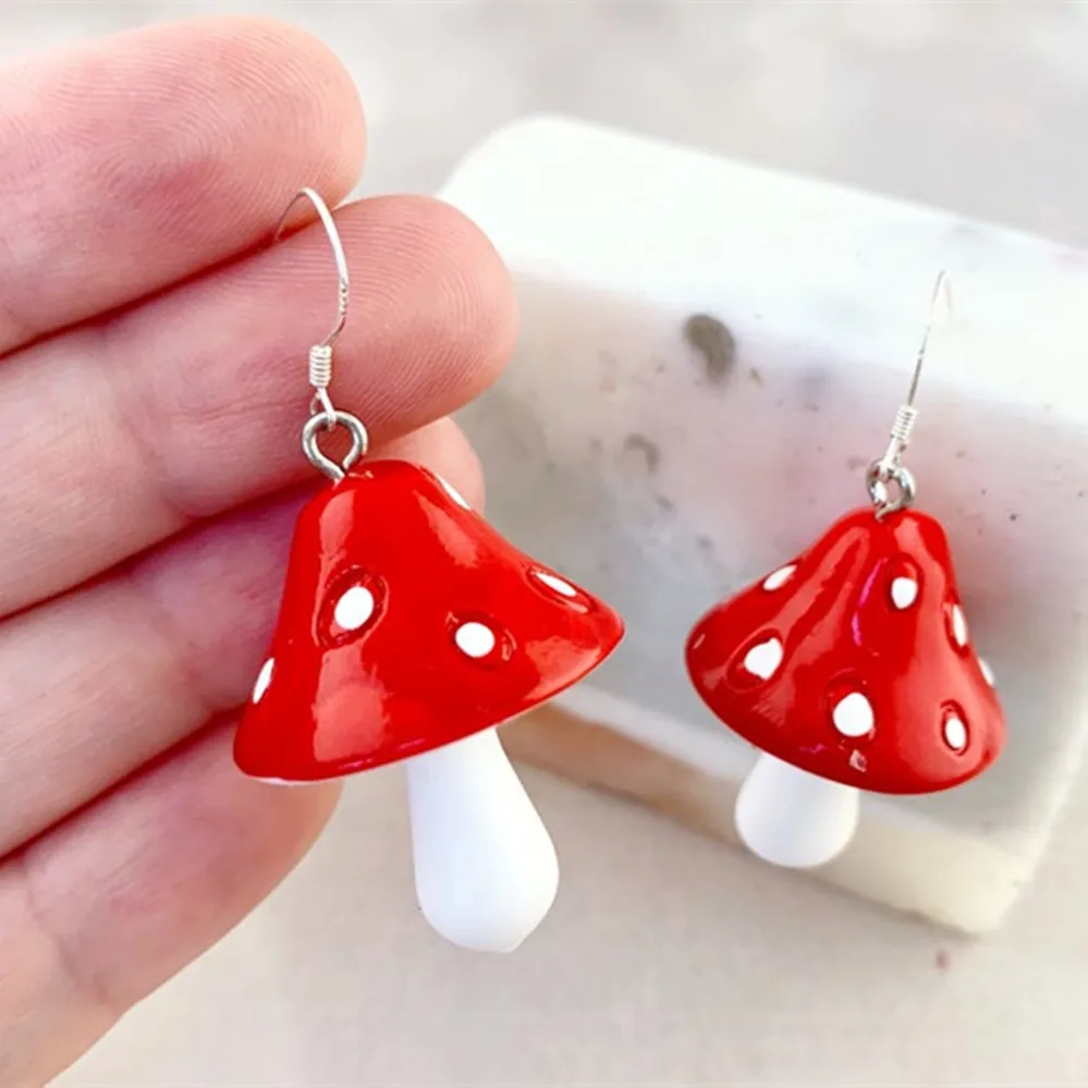 Pendientes de seta únicos y bonitos, joyería de seta de punto blanco y rojo, pendientes divertidos y raro, pendientes delicados - y accesorios