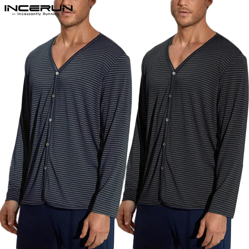 INCERUN Men Sleeping Tops Casual Striped Long Sleeve Blouse Nightshirt