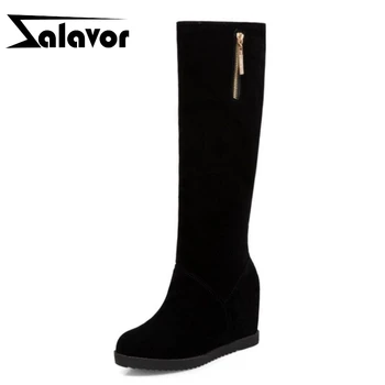

ZALAVOR New Fashion Knee Boots Women Plush Fur Zipper Inside Heels Winter High Heels Boots Office Women Shoes Size 32-43
