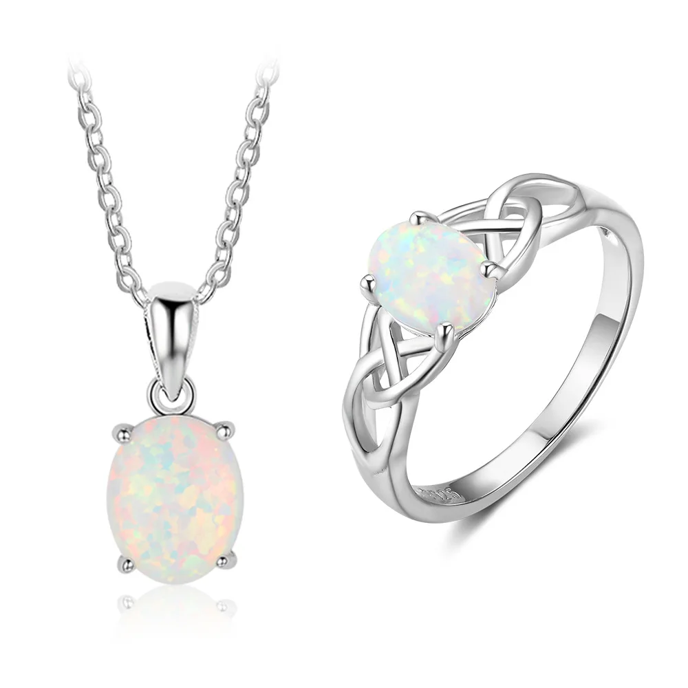 

Pure 925 Sterling Silver Fine Jewelry Sets For Women Oval White Opal Ring/Necklace Wedding Bridal Jewelry Set