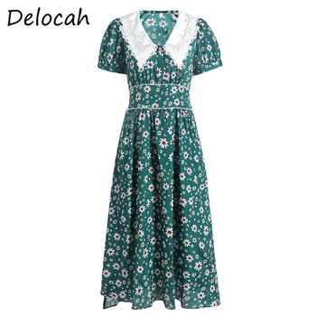 

Delocah Women Summer Fashion Runway Midi Dress Sexy V-Neck Embroidery Floral Print High Waist Female A-Line Dresses vestidos