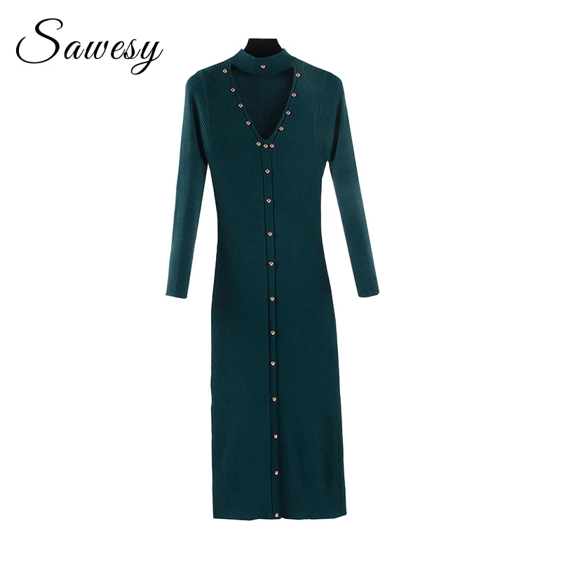 Женское трикотажное платье карандаш однобортное облегающее миди с длинным