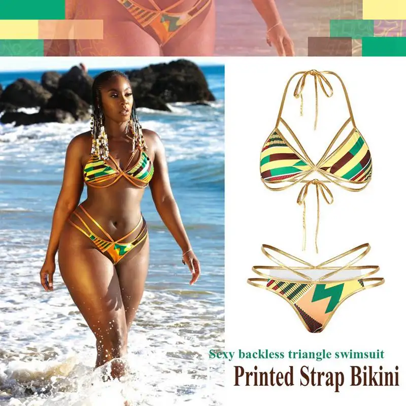 

2pcs Creative Digital Print Bandage Bikini Sexy Backless Triangular Split Swimwear M size